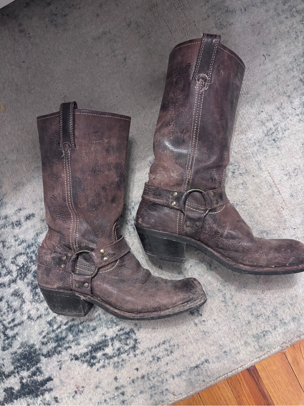 Frye Distressed Brown Leather Heeled Harness Boots